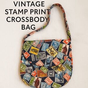 Vintage Postage Stamp Print Shoulder Bag Multicolor Travel-Inspired Handmade